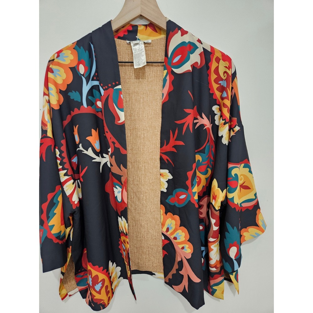 Chico's Women L/XL Paisley Floral Open Front Kimono Wrap Navy Red Multi Layer